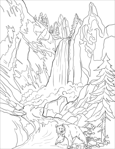 Grizzly Bear Near Tower Falls In Yellowstone Coloring Page